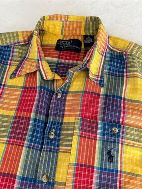 Polo by Ralph Lauren Vintage Yellow Red Blue Plaid Cotton Button-Down Shirt. XL